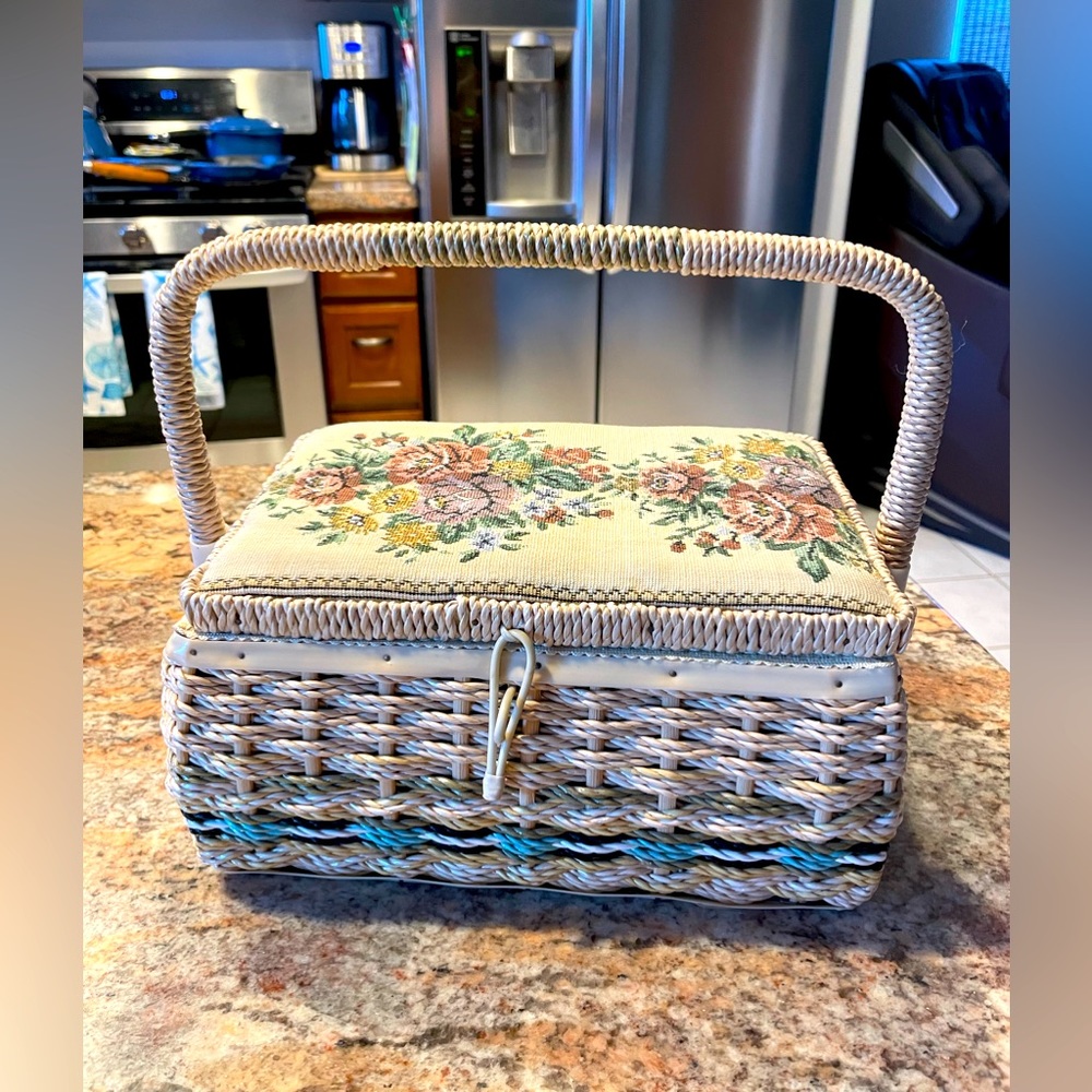 Vintage AZAR Sewing Basket with Tapestry Floral Top